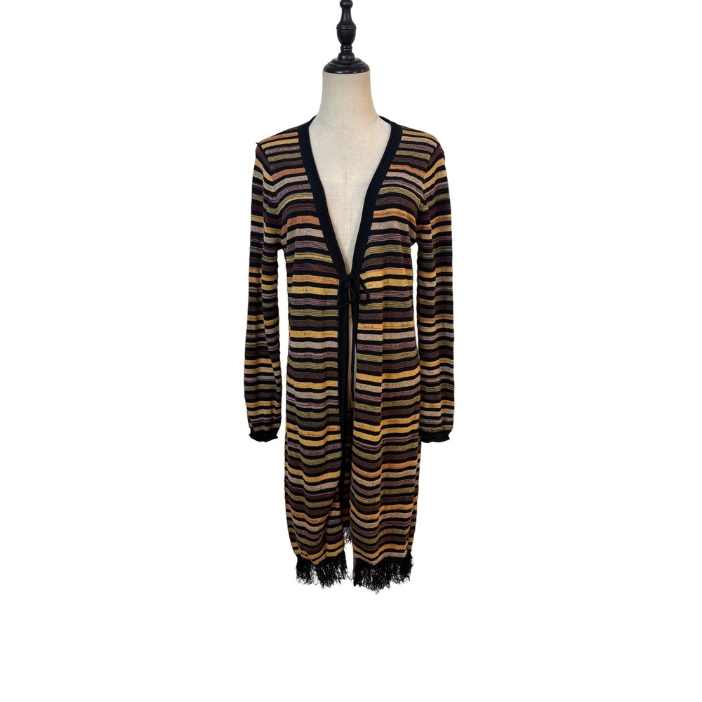 Longline Cardigan Duster Women Size M Multicolor Striped Fringe Y2k Grunge Boho - Picture 2 of 6